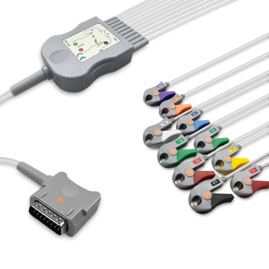 Kenz One-Piece ECG Cable, 10 lead, Grabber, 2.2m+mixed 0.9m/1.3m, AHA, Reusable