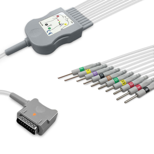 Kenz One-Piece ECG Cable, 10 lead, 3mm needle, 2.2m+mixed 0.9m/1.3m, IEC, Reusable