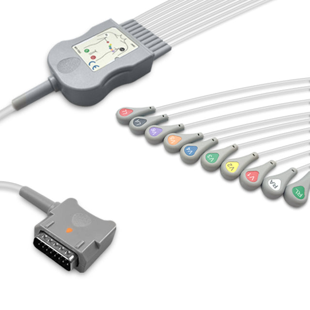 Kenz One-Piece ECG Cable, 10 lead, Snap, 2.2m+mixed 0.9m/1.3m, AHA, Reusable