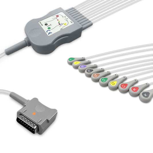 Kenz One-Piece ECG Cable, 10 lead, Snap, 2.2m+mixed 0.9m/1.3m, IEC, Reusable