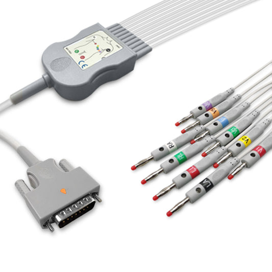 Nihon Kohden One-Piece ECG Cable, 10 lead, 4mm banana, 2.2m+mixed 0.9m/1.3m, AHA, Reusable