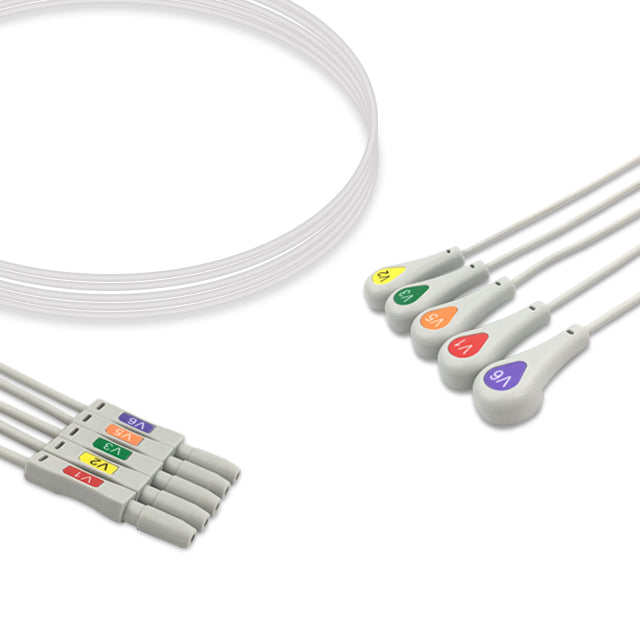 Safety Din ECG Leadwire, 5 lead, Din Safety, Snap, 0.9m , AHA, Chest lead, Reusable